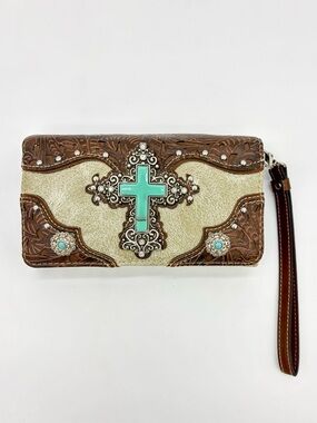 Turquoise Cross Wallet Western Tooled Faux Leather Trifold Wristlet Chunky Boho